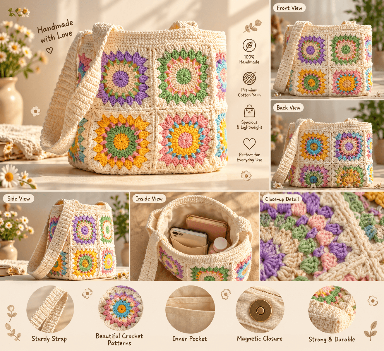 Handcrafted Crochet Cotton Shoulder Bag, Handmade Granny Square Pattern Medium Size, Bohemian Style Beautiful Multicolor Handbag — view 1 of 1