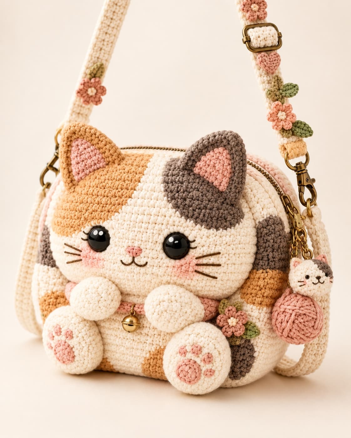A finished calico cat bag on the studio table, ready to be wrapped