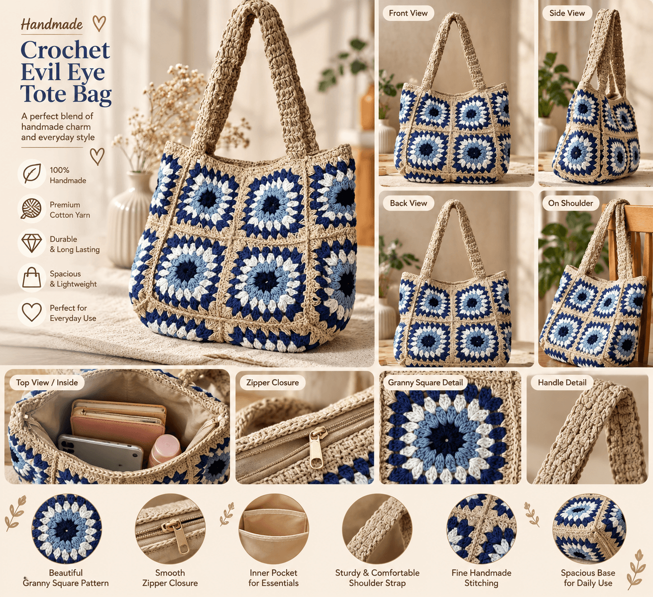 Crochet Evil Eye Tote Bag, Granny Square Pattern, Blue and Beige, Handmade Shoulder Bag with Zipper Closure — view 1 of 1