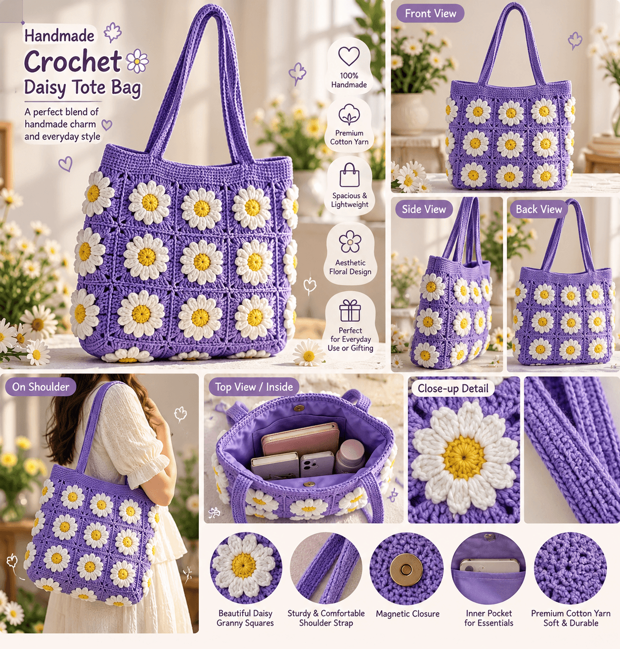 I.F.H Handmade Crochet Daisy Tote Bag for Women, Floral Granny Square Shoulder Bag, Purple Cotton Crochet Handbag, Aesthetic Flower Tote Purse