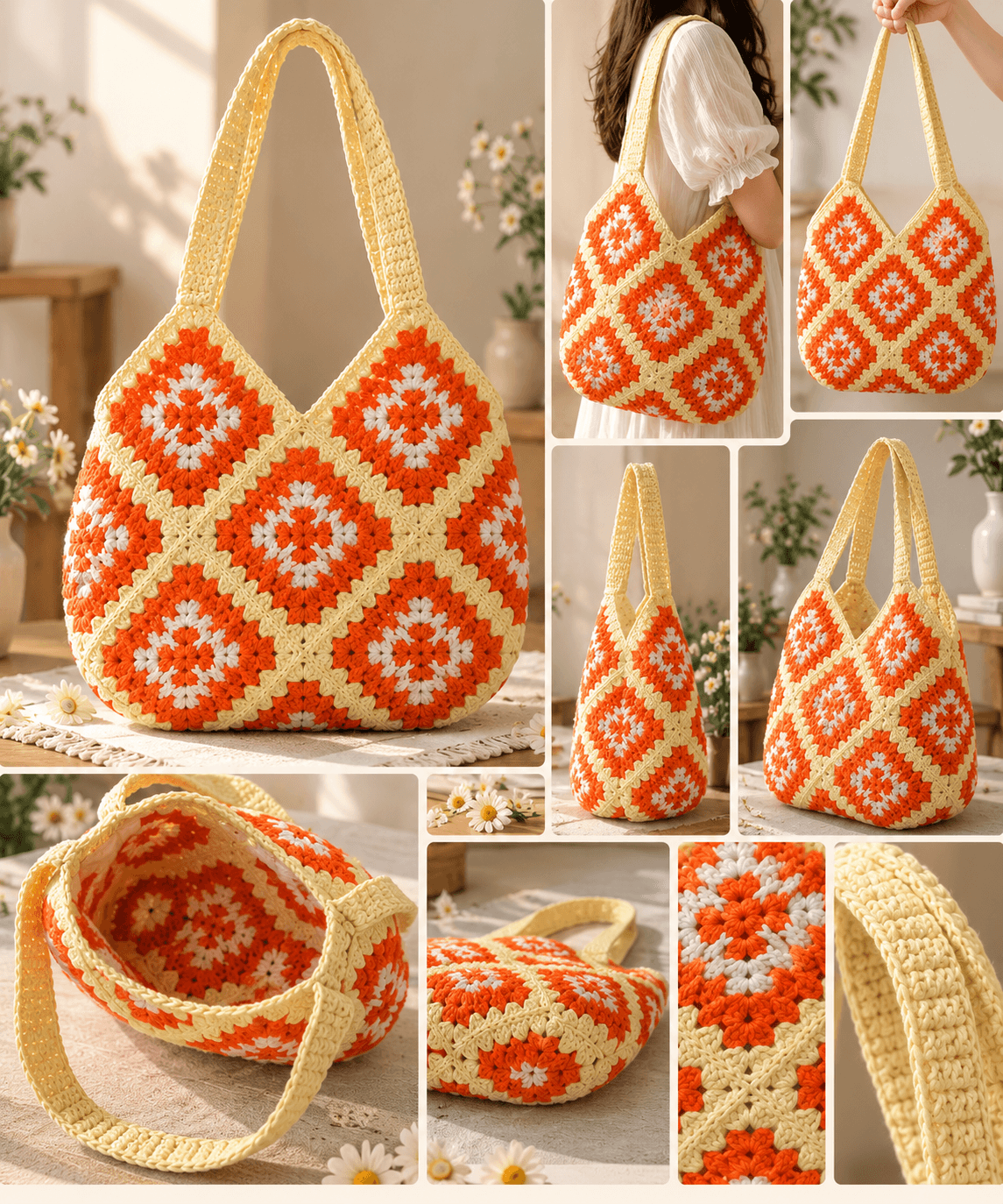 Crochet Tote Bag, Orange and White Granny Square Pattern, Boho Style, Handcrafted Beach Bag — view 1 of 1